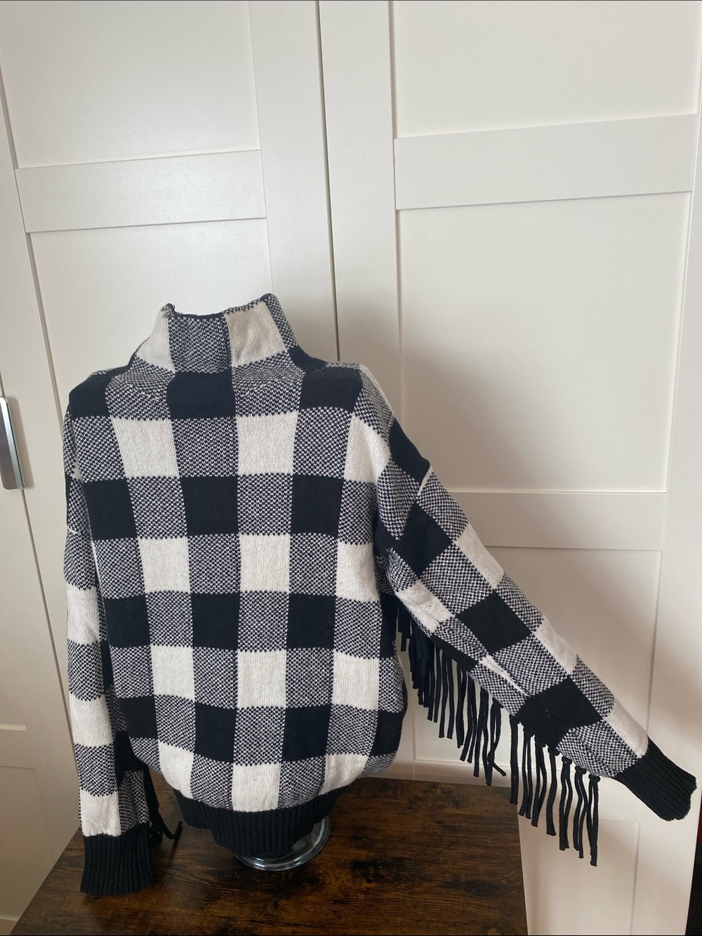 Ralph Lauren Black & White Cowl Turtleneck Fringed Sleeved Sweater Buffalo Check
